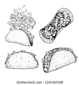 Tacos set. Hand drawn sketch illustrations of traditional mexican food. Top, front and perspective view and tacos constructor with flying ingredients.Vector drawing isolated on white.