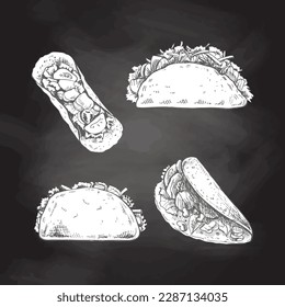 Los tacos. Esbozos dibujados a mano ilustraciones de la comida tradicional mexicana aislada en el fondo de la pizarra. Vista superior, frontal, perspectiva. Vintage. Elemento para el diseño de etiquetas, embalaje 
