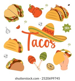Tacos set. Tacos with meat, vegetable and tortilla. Hand drawn elements for cafe menu, restaurants. Mexican cuisine food. Vector illustration