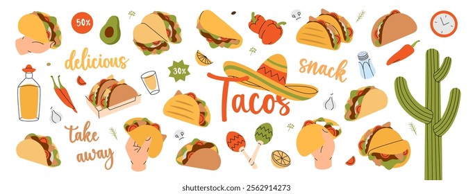Tacos set. Tacos with meat, vegetable and tortilla. Traditional Mexican street fast food. Mexican cuisine restaurant food. Vector illustration