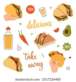 Tacos set. Mexican cuisine food. Hand drawn elements for cafe menu, restaurants. Vector illustration.