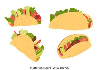 Tacos set. Mexican fast food snack isolated on white background. Vector flat hand drawn illustration.