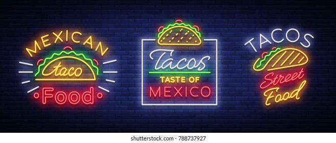 Tacos set of neon-style logos. Collection of neon signs, symbols, bright billboard, nightly advertising of Mexican food Tako. Vector illustration for your projects, restaurant, cafe