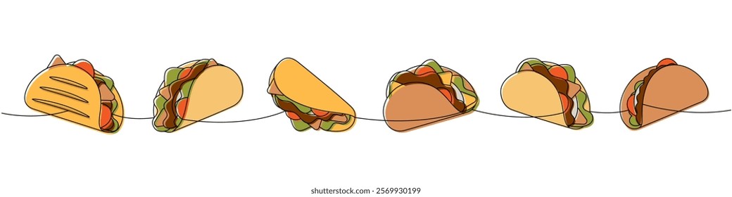 Tacos set one line colored continuous drawing. Mexican cuisine restaurant food. Vector linear illustration.