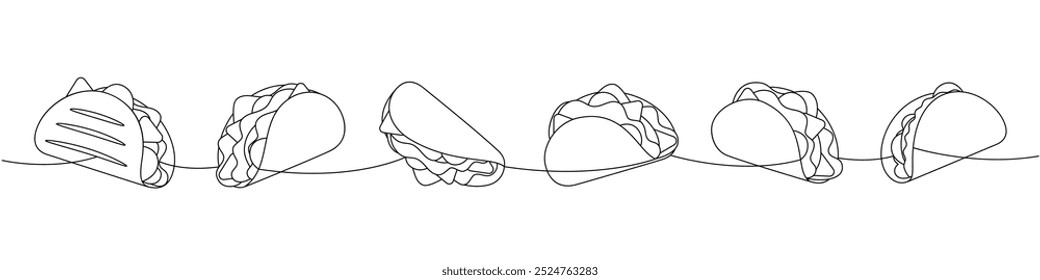 Tacos establecen una línea de dibujo continuo. Comida de restaurante de cocina mexicana. Ilustración lineal de Vector.