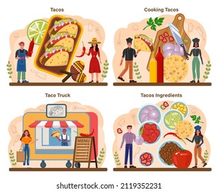 Tacos set. Traditional mexican fast-food with meat and vegetable. Tortilla with different toppings: lettuce leaves, cheese, tomato, forcemeat, sauce. Flat vector illustration