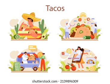 Tacos set. Traditional mexican fast-food with meat and vegetable. Tortilla with different toppings: lettuce leaves, cheese, tomato, forcemeat. Cooking recipe or delivery. Flat vector illustration