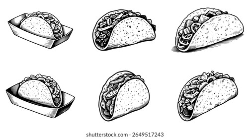 Tacos set, vector engraving style illustration