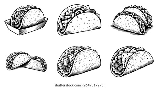 Conjunto de tacos, ilustración de estilo de grabado de Vector