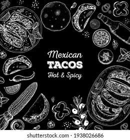 Dibujo de Tacos. Marco de cocina mexicana. Elementos de diseño de menús de comida rápida. Marco dibujado a mano por los tacos. La comida mexicana.