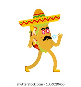 Tacos in sombrero. Cartoon Mexican fast food in hat
