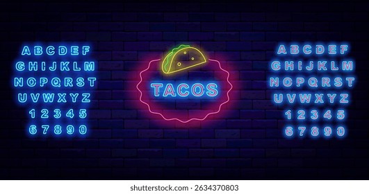Tacos street food. Mexican bar neon label. Taste of Mexico. Shiny blue alphabet. Vector stock illustration