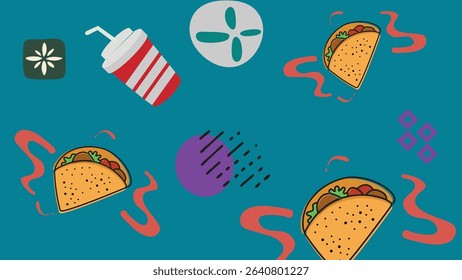 Tacos, striped soda cups, and playful accents on a deep teal backdrop. Perfect for festive food advertising and snack branding designs.
