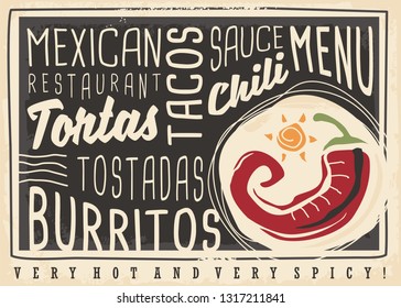 Tacos, tortas, tostadas, burritos, chili, Mexican food restaurant menu design concept. Chalk board menu for hot and spicy food. Vector illustration. 