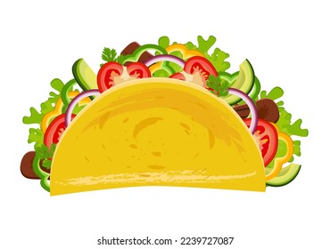 Tacos. Traditional Mexican fast food. Mexican taco dish with tortilla, lettuce, cheese, tomatoes, meat, sauce. Latin American cuisine.