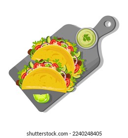 Tacos. Traditional Mexican fast food. Mexican taco dish with tortilla, lettuce, cheese, tomatoes, meat, sauce. Latin American cuisine.