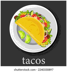 Tacos. Traditional Mexican fast food. Mexican taco dish with tortilla, lettuce, cheese, tomatoes, meat, sauce. Latin American cuisine.