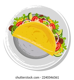 Tacos. Traditional Mexican fast food. Mexican taco dish with tortilla, lettuce, cheese, tomatoes, meat, sauce. Latin American cuisine.