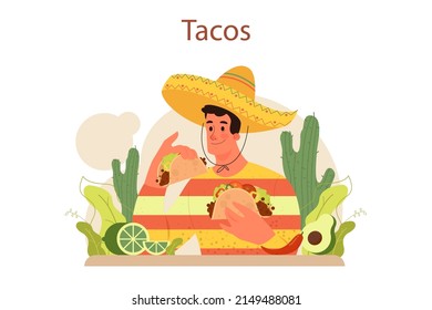 Tacos. Traditional mexican fast-food with meat and vegetable. Tortilla with different toppings: lettuce leaves, cheese, tomato, forcemeat. Cooking recipe or delivery. Flat vector illustration