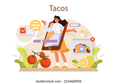 Tacos. Traditional mexican fast-food with meat and vegetable. Tortilla with different toppings: lettuce leaves, cheese, tomato, forcemeat. Cooking recipe or delivery. Flat vector illustration
