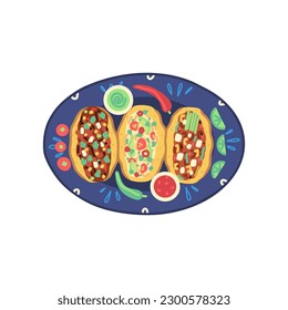 Tacos. Traditional mexican food. Mexican cuisine. Isolated dish on white background. Clipart element for menus, cookbooks, posters, banners. Vector illustration