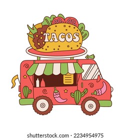 Tacos truck. Street fast food truck with huge taco on the roof, takeaway restaurant isolated concept, market in street vector illustration in retro cartoon style.