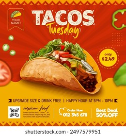 Tacos tuesday Mexican food square web banner social media, flyer and social media banner post template