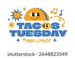 Tacos tuesday typography phrases date in y2k style related to gen z and millenials.