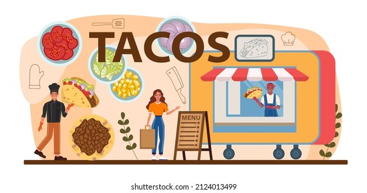 Tacos typographic header. Traditional mexican fast-food with meat and vegetable. Tortilla with different toppings: lettuce leave, cheese, tomato, forcemeat, sauce. Flat vector illustration