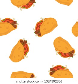 Tacos vector cartoon seamless pattern on white background.