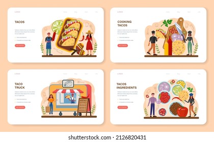 Tacos web banner or landing page set. Traditional mexican fast-food with meat and vegetable. Tortilla with different toppings: lettuce leave, cheese, tomato, forcemeat, sauce. Flat vector illustration