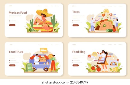 Tacos web banner or landing page set. Traditional mexican fast-food with forcemeat and vegetable. Tortilla with different topping. Cooking recipe or delivery. Flat vector illustration