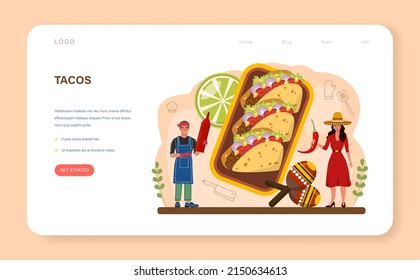 Tacos web banner or landing page. Traditional mexican fast-food with meat and vegetable. Tortilla with different toppings: lettuce leave, cheese, tomato, forcemeat, sauce. Flat vector illustration