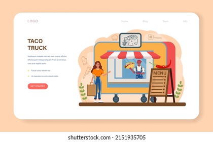Tacos web banner or landing page. Traditional mexican fast-food with meat and vegetable. Tortilla with different toppings: lettuce leave, cheese, tomato, forcemeat, sauce. Flat vector illustration