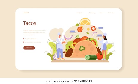 Tacos web banner or landing page. Traditional mexican fast-food with forcemeat and vegetable. Tortilla with different topping. Cooking recipe or delivery. Flat vector illustration