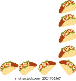 Tacos wit meet and vegetables sauces and green salad. Mexican eating Corner bottom frame border
