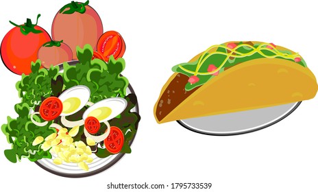 Tacos,mexican street food lunch dinner, Vector illustration Meat dishes Seasoned with choss and tomatoes and cucumber