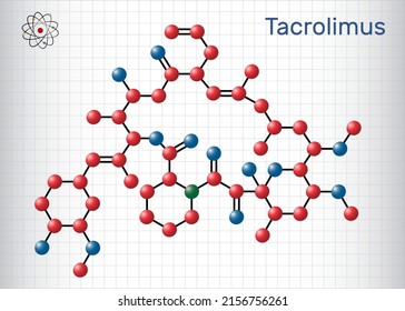 Tacrolimus, FK-506 or Fujimycin molecule. It is potent immunosuppressive agent. Molecule model. Sheet of paper in a cage. Vector illustration