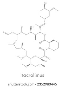 Tacrolimus structure. Molecule of immunosuppressive drug. Used to lower the risk of organ rejection and as a topical medication in psoriasis and eczema.