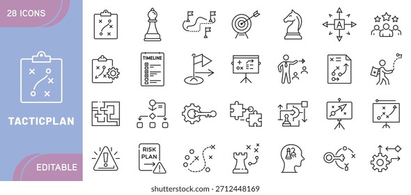 Iconos de Plan táctico: estrategia, planificación, flujo de trabajo, toma de decisiones, objetivos comerciales, gestión, productividad y símbolos de acción estratégica