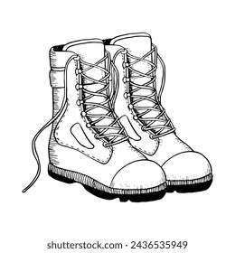 Tactical army boots hand drawn black and white vector illustration for military, combat or camping and hiking designs. Brutal footwear and infantry shoes