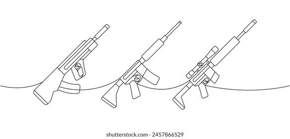 Tactical assault rifles set one line continuous drawing. Various modern weapons continuous one line illustration. Vector linear illustration.