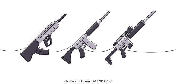 Los rifles tácticos de asalto establecen una línea de dibujo continuo de color. Varias armas modernas continuas una línea de ilustración. Ilustración lineal de Vector.