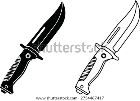 Tactical Combat Knife Silhouette and Line Art Icon Vector