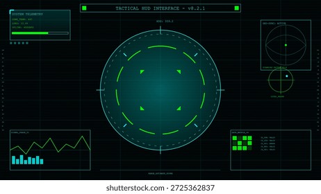 Una interfaz táctica HUD se muestra en una pantalla oscura con gráficos y datos verdes. Cuenta con sistemas de telemetría, gráficos y métricas típicas de aplicaciones militares.