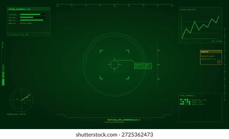 La interfaz táctica muestra varios puntos de datos, gráficos e información de navegación. Indica una operación militar con enfoque en las métricas del sistema y las ubicaciones objetivo.