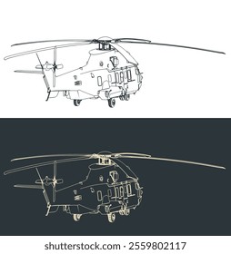 Tactical long-range military transport helicopter illustrations