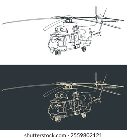 Tactical long-range military transport helicopter illustrations