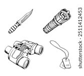 Tactical military flashlight, binoculars, knife and personal soldier military number badges on chain black and white vector illustration set for US or Israel army designs