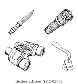 Tactical military flashlight, binoculars, knife and personal soldier military number badges on chain black and white vector illustration set for US or Israel army designs